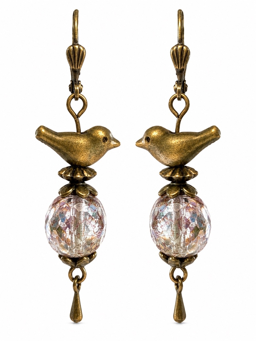 OOAK Czech Glass Bird Earrings, Antique Brass, Premium Leverbacks - Picture 6 of 9